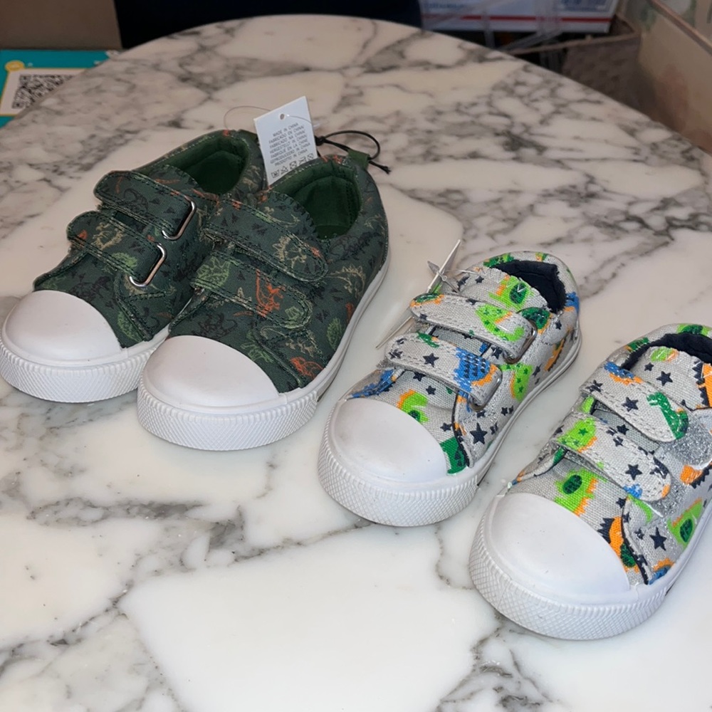 2 pair boys dinosaur shoes- size 5 & 8